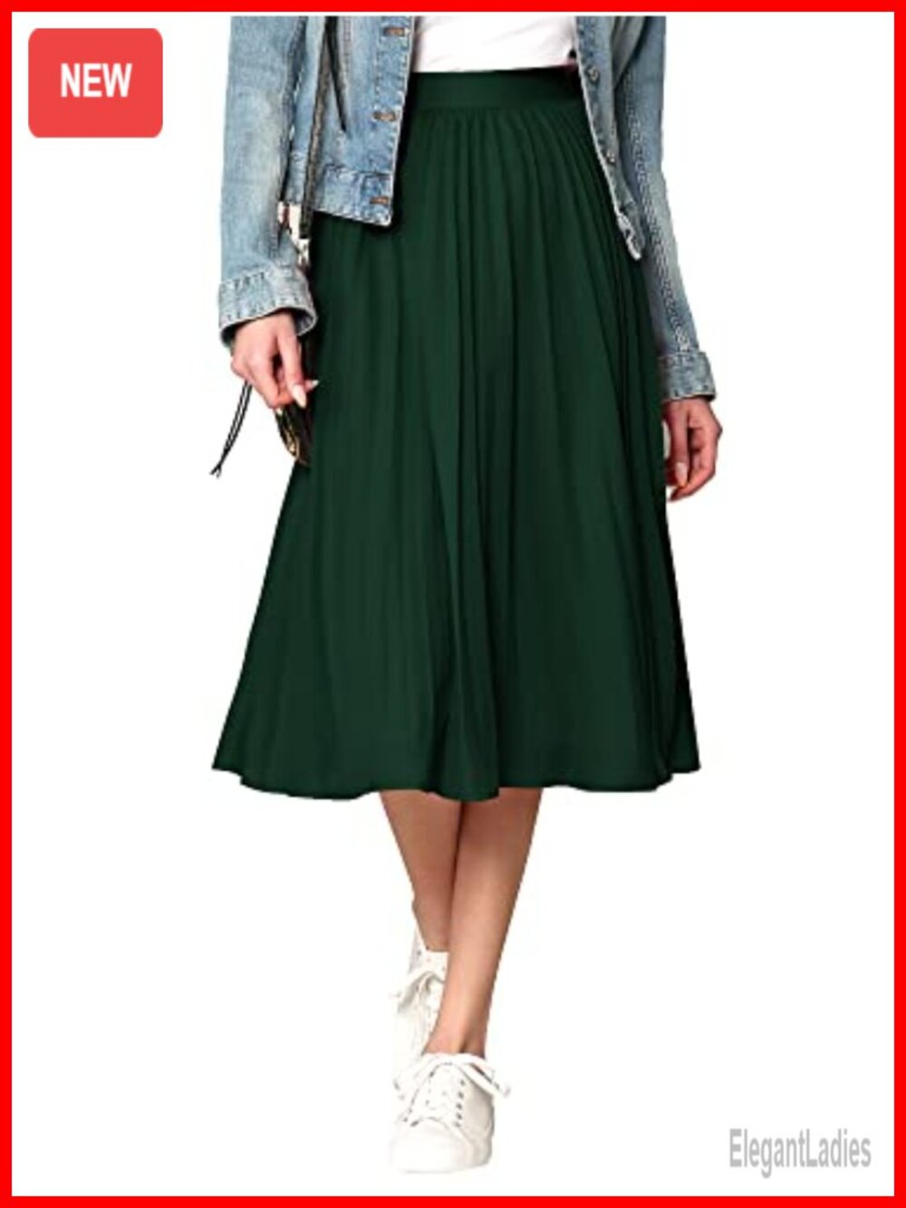 Women's High Elastic Waist Pleated A-Line Midi Swing Skirt Lightweight
